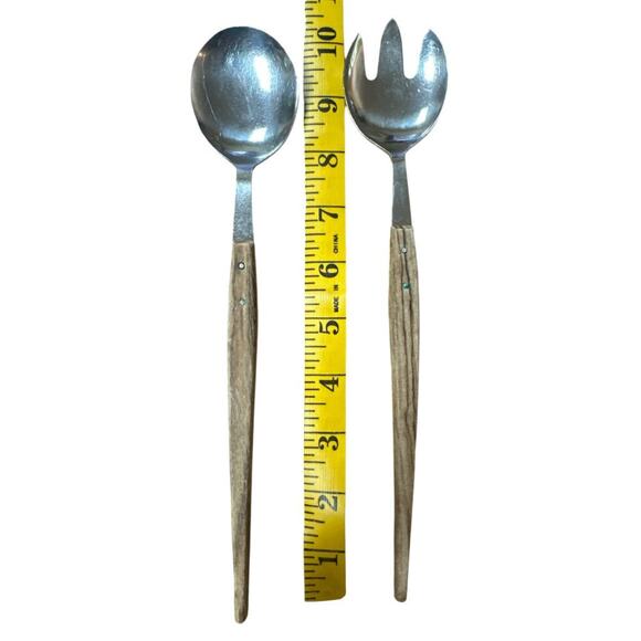 Vintage 60"s Stainless Steel Wooden Handles Salad Serving Set Made In Japan - Picture 3 of 6